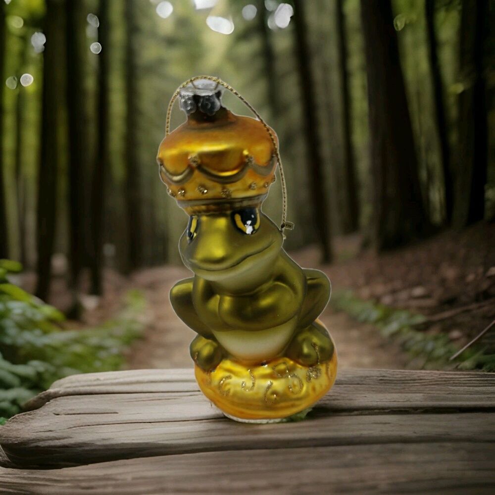 Blown Glass Frog Prince King Christmas Ornament from Fairy Tales Green Gold READ